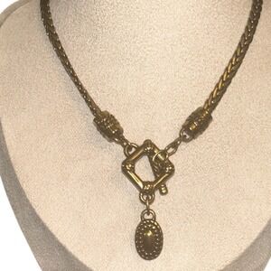 Brighton Bronze Braided Wheat Chain Necklace Square Toggle Beaded Oval Pendant